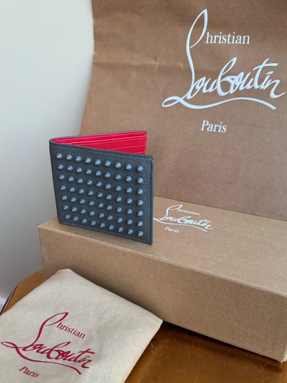 NWT Christian Louboutin Men’s Funky Studded Leather Bifold Wallet in Smoke Grey